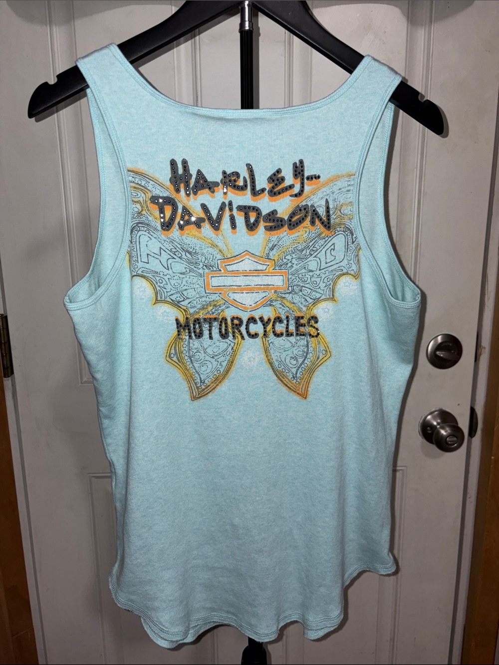 Harley Davidson Aqua Tank Top Orange Butterfly Wing Design Back Graphic